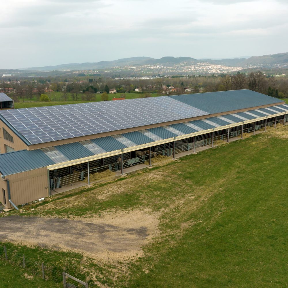 Aerial view of farm building with photovoltaic solar panels mounted on rooftop for producing clean ecological electricity. Production of renewable energy concept.